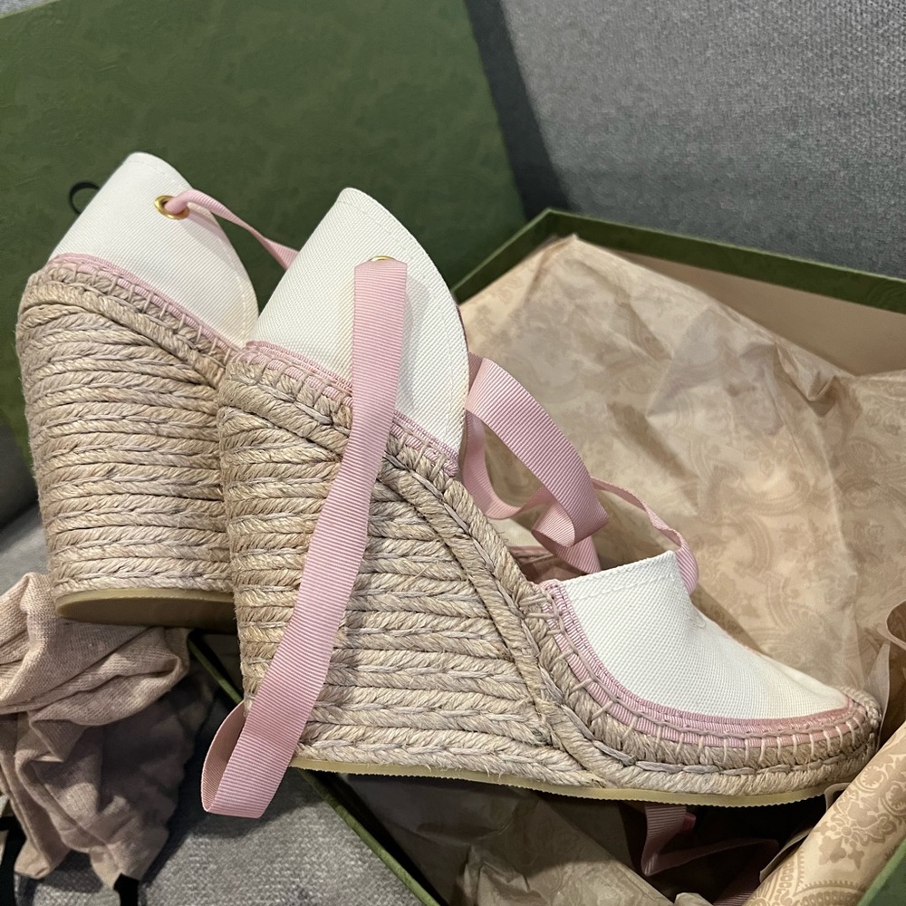 NEW Gucci GG Judie Lace Up Ballerina Espadrille Wedges - Picture 6 of 16